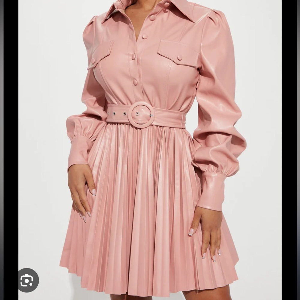 Pink leather pleated dress button down